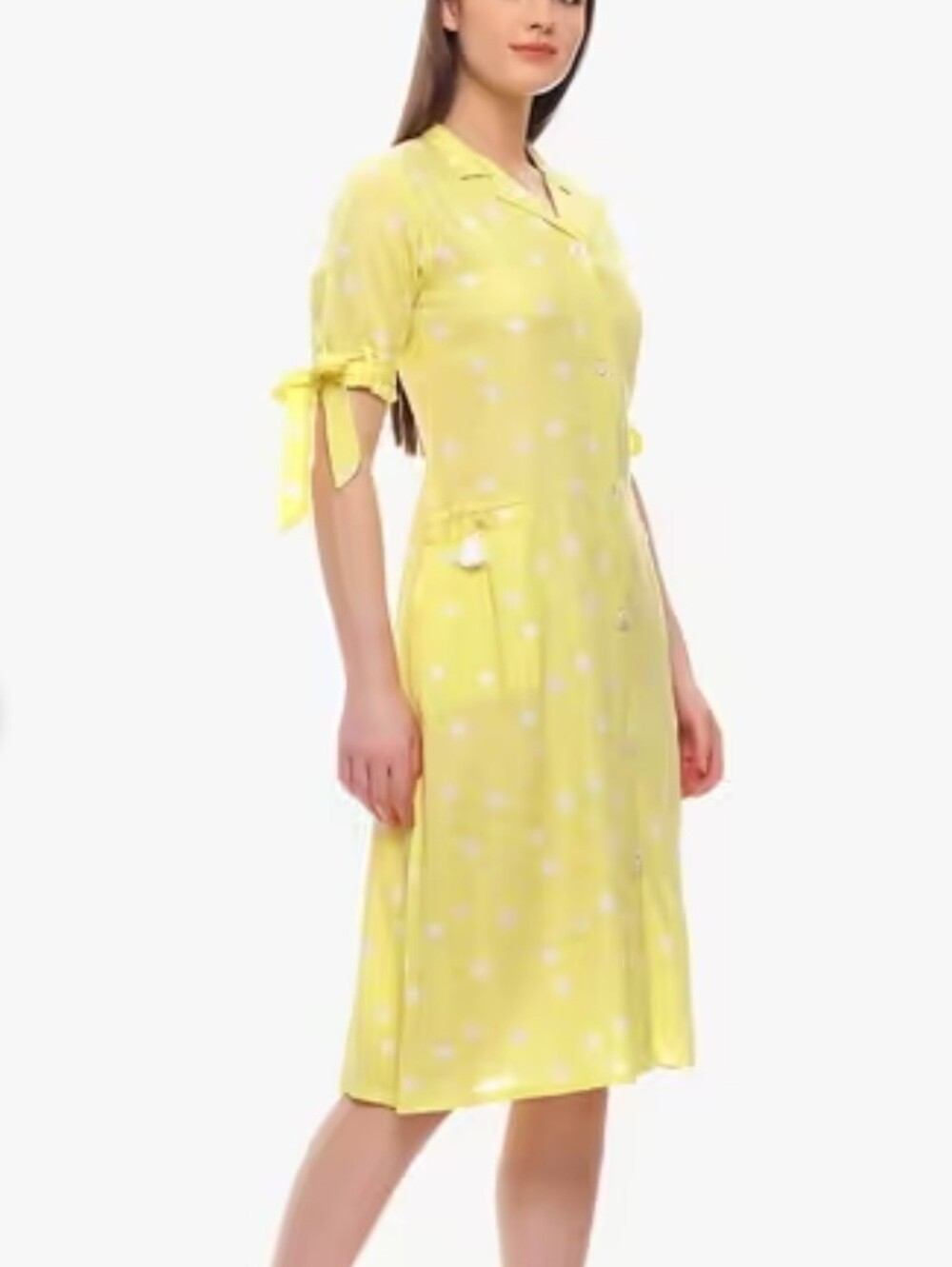 Light Yellow Polka Dot Midi Shirt Dress with Front Buttons